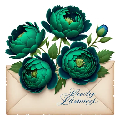 A charming arrangement of deep green peonies placed beside an old love letter with an intricate navy blue wax seal. sticker