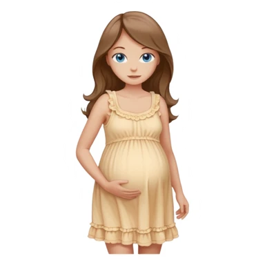 Single Woman with Blue eyes, and long flowing almond brown hair and a light peachy tan skin tone, standing in a relaxed pose with a visible baby bump in frilly buttercream colored babydoll sundress  sticker