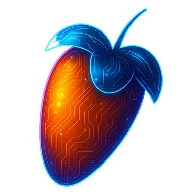 Transform the FL Studio logo into a cyberpunk, holographic style with glowing neon blue and pink edges and circuit patterns throughout the entire icon. Maintain the recognizable fruit shape with a vibrant orange pepper. Overlay neon and circuit effects in a futuristic, clean style consistent with cyberpunk aesthetics. The whole icon should have a consistent cyberpunk glow and intricate circuit details on a transparent background. sticker