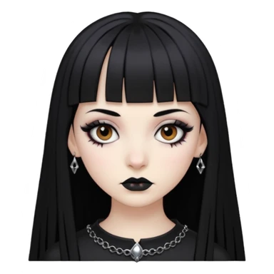 Faça uma moça de cabelo preto e micro micro franja pálida e com maquiagem gótica pesada olhos castanhos escuro  sticker