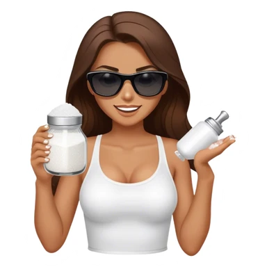sassy woman with long brown hair, tan skin, and dark sunglasses holding a salt shaker filled with white table salt. She is sprinkling the salt out from the shaker with a smirking expression sticker