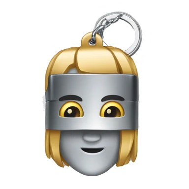 
metal billet with face holding a keychain sticker