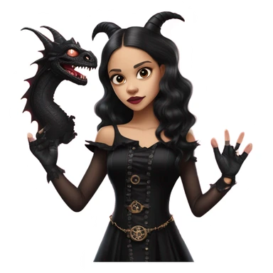 healthy standing flirty Lavish black evening gown with see-through gloves, Jenna Ortega as Addams woman wearing a steampunk mini tiara, very large blood moon pink evil-looking horned old dragon sticker