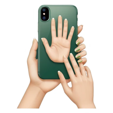 female hand with nude manicure showing 5 fingers holding a white iPhone in a dark green case, top view, emoji style sticker