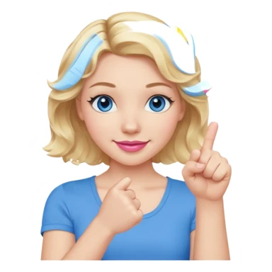 Girl Blonde short wavy hair,  blue eyes, cute blue top, long lashes, pink lips, smiling, fist bump sticker