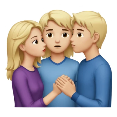 iOS emoji style, girl holding hands with one boy while kissing another boy, one boy blond, the other brunet, subtle suspicious expression sticker