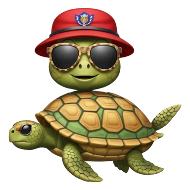 Make a military turtle with a boat in its hands, wearing trump sunglasses sticker