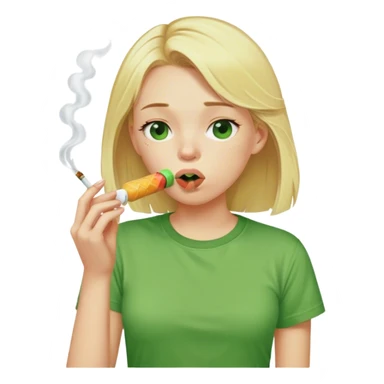 Disgusting blonde girl with food around her mouth. She looks incredibly tired while wearing green T-shirt smoking a cigarette eating a brown ice lolly.  sticker