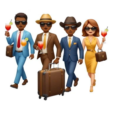 generate an emoji of a group of up to 8 male and female bulls travelling together on holidays. One bull has a suitcase, one has sunglasses, one is carrying a cocktail. They're all in motion, walking together sticker