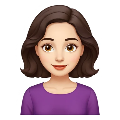 Warm enthusiastic woman with light skin, oval face, soft defined features, large expressive brown eyes, medium arched eyebrows, small nose, medium lips with relaxed smile, long wavy dark brown hair styled simply, wearing a soft vibrant colored elegant blouse sticker