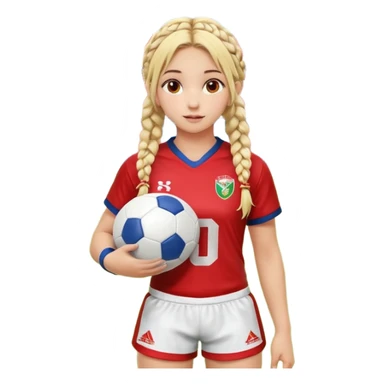 Chica de pelo rubio tirada en el suelo boca abajo agarrando un balón DE RUGBY con las manos vestida con una equipación de color rojo y blanco con líneas y con unas botas de tacos de fútbol, con un bucal en la boca y el pelo con trenzas, se la tienen que ver las 2 piernas  sticker