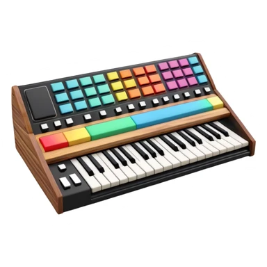 3D render of Synthesizer, vintage 1980s audio equipment aesthetic, tactile analog buttons, black matte keys with colorful rainbow slider knobs, mixed wood grain and brushed aluminum textures, Apple emoji style, isolated on white background --v 6.0 sticker