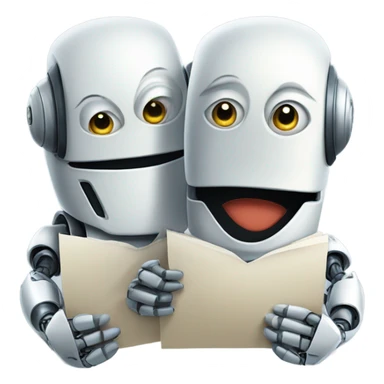 A robot with a mischievous smirk holding a secretive document, another robot with a neutral expression. sticker