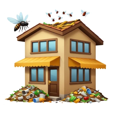 emoji-style icon of a restaurant building with a pile of trash and food scraps outside, flies and bugs around, unsanitary and dirty appearance, clear at small size, no text sticker