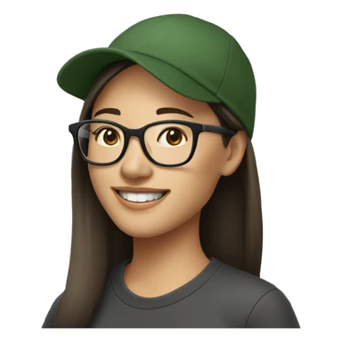 Hyper realistic, look from side, asian adult woman, light white skin, smiling with teeth, black eyes, spotted frame glasses, long light brown straight hair, black T-shirt, dark green cap. sticker