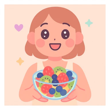 A cheerful person holding a glass bowl of colorful fruit salad, with vibrant pieces of strawberries, kiwis, and blueberries visible. The person should be wearing a casual, light-colored tank top, and have a friendly, bright smile as they prepare to take a bite with a spoon. sticker