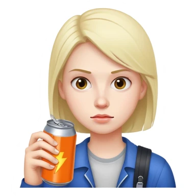 student holding energy drink can, tired face sticker
