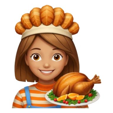 happy tan girl with an orange striped sweater and a cooked browned turkey on her head  sticker