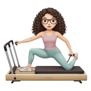 Memoji-style girl with long dark brown curly hair, round glasses, large brown eyes, soft rounded face,makeup, warm beige skin tone, wearing Pilates activewear performing Pilates and reformer Pilates exercises on a reformer machine, pastel color palette, smooth soft shading,latino sticker