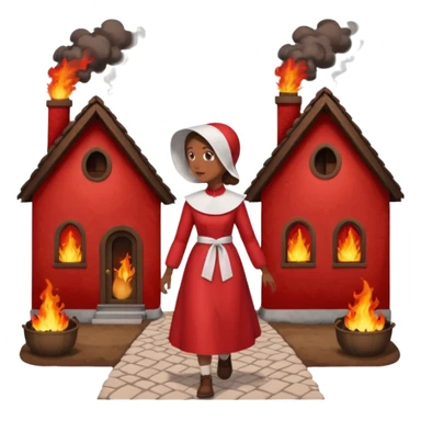 handmaids tale style woman burning house down walking away from house. shes wearing the nun hands maid tale hat cant see her face with brown hair shes wearing the red handmaids tale costume with white bonnet. walking away from the house sticker