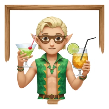 elf male legolas portrait, patterned board shorts (geometric/abstract), unique wooden-framed sunglasses, undercut hairstyle, slight smirk, visible pointy ears, no background, centered emoji, hipster summer vibe coctails sticker