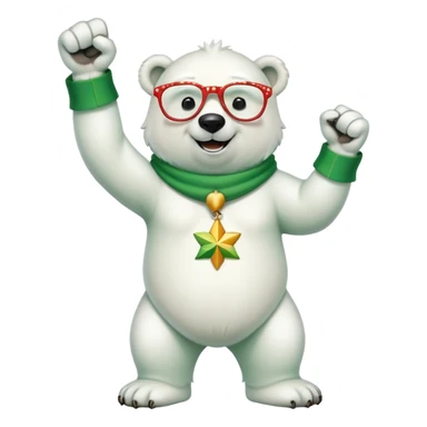 full body friendly anthropomorphised polar bear smiling, wearing large multicolored star-shaped glasses and festive St. Patrick's Day outfit, raising a fist in celebration sticker