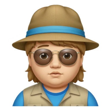 a very fat 16 year old boy who has light brown hair and a mullet and wearing a hat with upside down sunglasses on top of the hat sticker