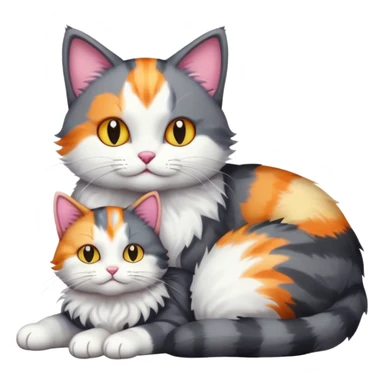 full body dark grey and white cat cuddling a colourful light patched calico + white tabby cat  sticker