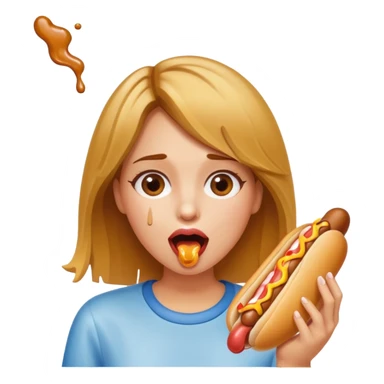 fair skinned young woman with brown hair and blonde highlights with mouth open and hot dog dripping glue sticker