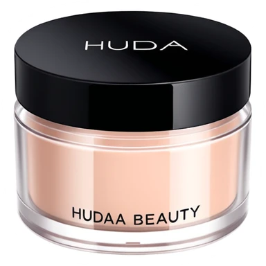 Create an emoji of Huda Beauty loose powder in its round, flat jar, short and wide, frosted or matte plastic, black screw-on lid, minimal luxe makeup packaging, clean glam aesthetic. sticker
