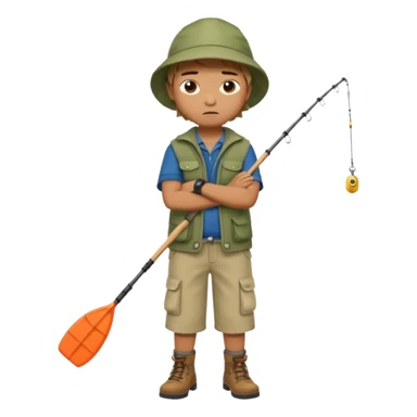 A boy with crossed arms, looking annoyed, dressed in fishing clothes full body sticker