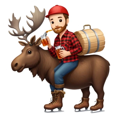 Canadian lumberjack man wearing red and black flannel shirt, drinking from a jug of maple syrup, holding a Canadian flag, and wearing ice skates, while riding on a moose, with snowcapped mountains in the background sticker