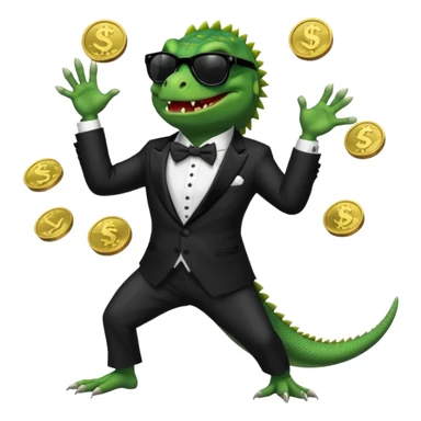 capitalist iguana banker in tuxedo and black sunglasses dancing crazy with coins sticker