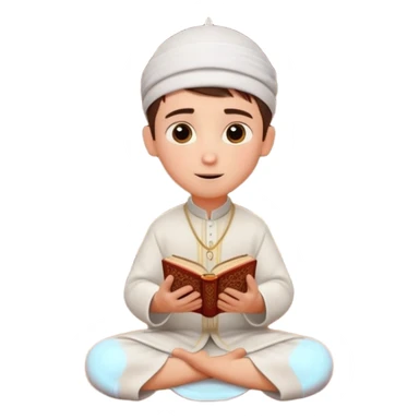 Personnage 3D mignon en style Pixar, un petit garçon portant un qamis blanc et un kufi, tenant un tapis de prière, entouré de lanternes brillantes, fond doux, couleurs chaudes, sticker