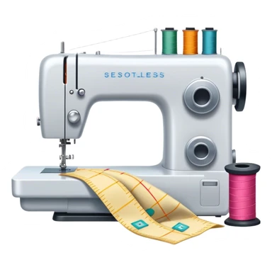 Sewing icon, measuring tape, pins, scissors, and a dress in progress, sewing machine with thread, visible needle, spools of thread, fabric pieces cut according to patterns, minimalistic style, clean lines, transparent background. sticker