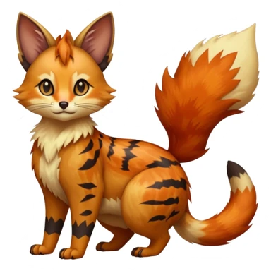 realistic  ember-rust-copper fur molten with glowing magma seams and smoky tips beautiful elegant pretty precious cute  Fakémon-Pokémon-opossum-feline-serval-caracal-chinchilla-Furret-Minccino-hybrid-creature with a big fluffy bushy tail (full body) sticker