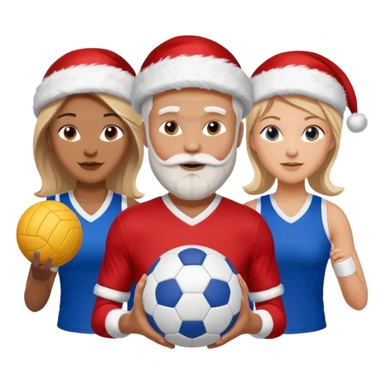 3 atletas, um homem no meio e duas mulheres com cores de pele diferentes, usando elementos esportivos, bola de futebol e bola de vôlei. Coloque um chapéu de papai noel das cores verde e com roupas azul e branco sticker
