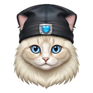A Ragdoll cat wearing a leather jacket and a beanie sticker