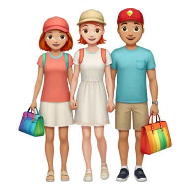 A happy family of four - father in white t-shirt and cap, mother with red hair in coral dress, young daughter in matching dress with rainbow handbag, teenage son in light embroidered shirt, all smiling together sticker