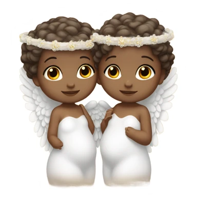 2 twin baby girls that are white with brown hair with a halo and angel wings sticker