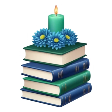 A green book stack adorned with blue chrysanthemums and a deep blue candle  sticker