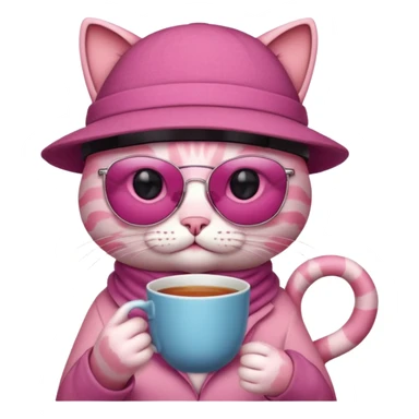 Pink cat with hat, holding cup of tea, wearing sunglasses sticker