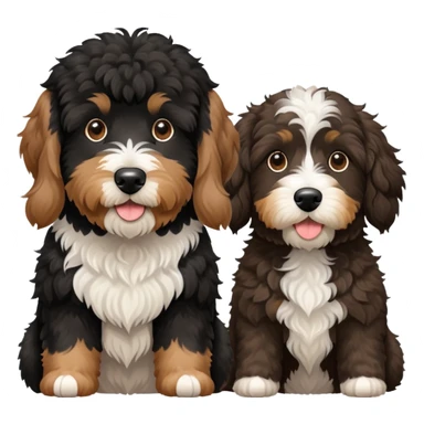 2 dogs: one light brown Aussiedoodle, one all-black Bernedoodle with white eyebrows some white markings, no brown coloring. Both same size. sticker