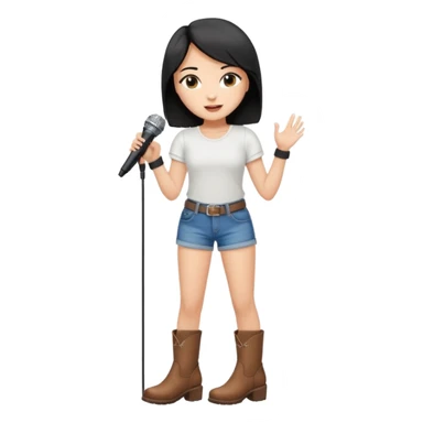Crie uma cantora morena charmosa de shortes top e bota com microfone branca e cabelo preto sticker