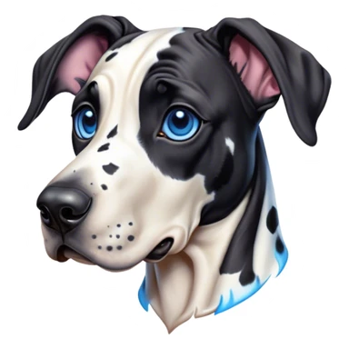 Cinematic Cute Harlequin Great Dane Portrait Emoji, Head tilted playfully and inquisitively, featuring a glossy coat of predominantly white with dynamic black patches, round, sparkling blue eyes filled with gentle curiosity, Simplified yet irresistibly adorable features, highly detailed, glowing with a warm, friendly glow, high shine, affectionate and gentle, stylized with a touch of whimsy, bright and endearing, soft glowing outline, capturing the essence of a mischievous yet loving pup, so playful it feels like it could lumber out of the screen and into your arms! sticker