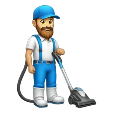blue cap and white polo cleaner, with a brown beard and a vacuum cleaner sticker