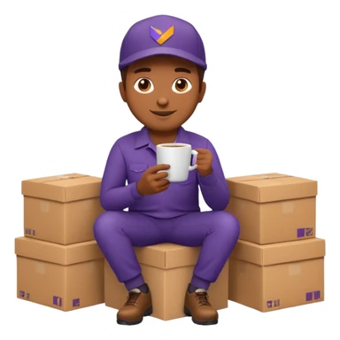 emoji of FedEx delivery man is sipping coffee while sitting on the boxes sticker