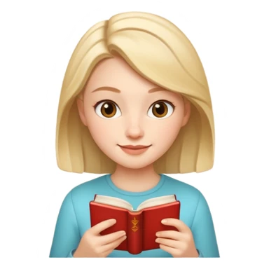 girl reading a book and sipping tea, memoji iphone style, cheerful expression sticker