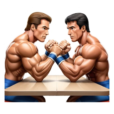 Arnold Schwarzenegger and Sylvester Stallone from 'Over the Top,' locked in an arm wrestling battle, using only their right hands. Their left hands rest on the table. Both display immense strength, with muscular arms flexing, under bright competition lights. Transparent background. sticker