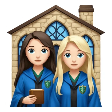a pretty ravenclaw girl with long dark brown hair and blue eyes standing with a pretty Slytherin girl with long blonde hair, blue eyes sticker